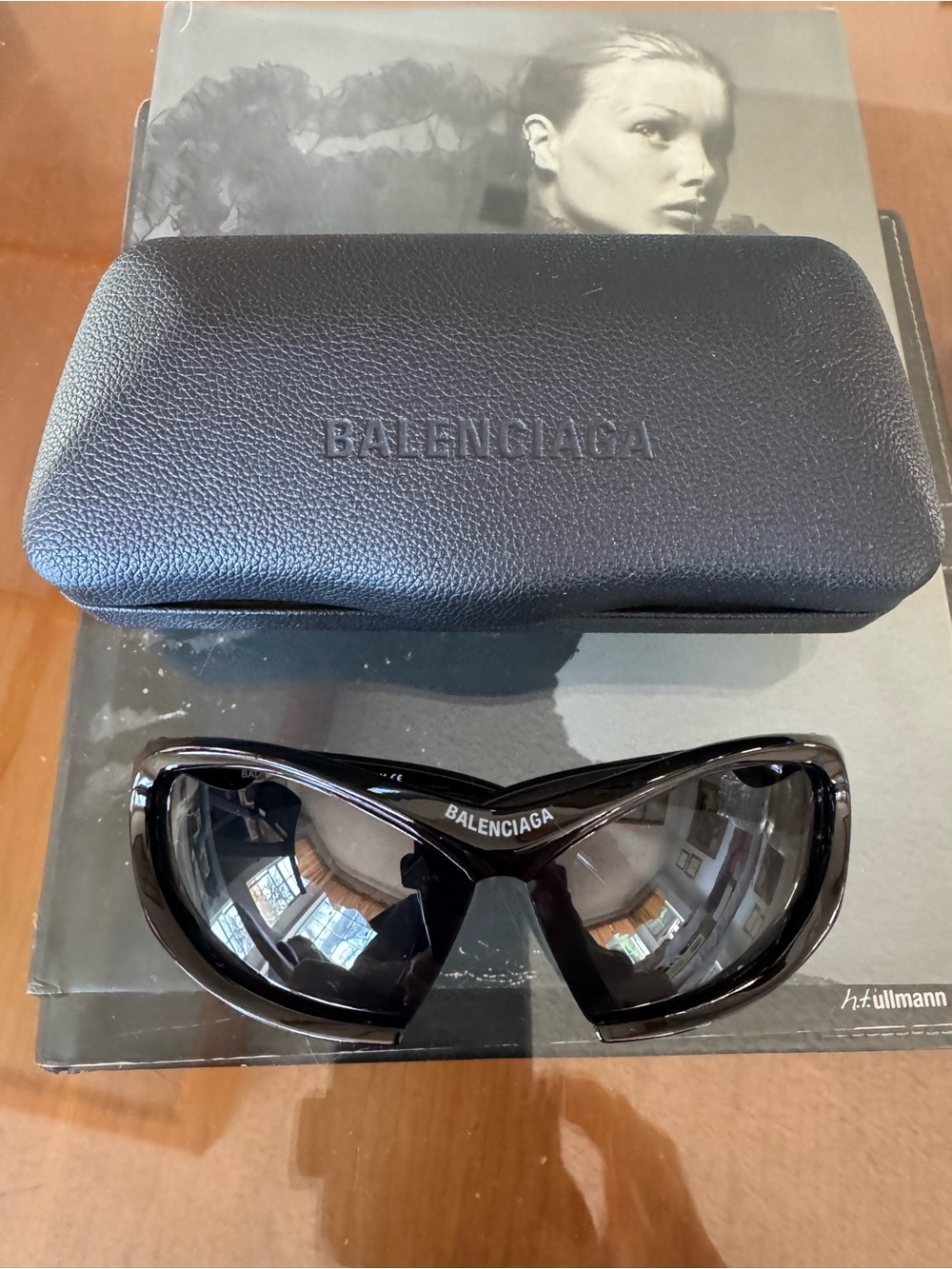 Balenciaga BB0318S Glossy Black Curved Shield Sunglasses